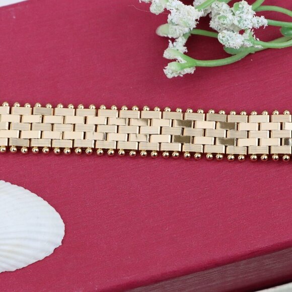 "Wide Rose Gold Bracelet with Textured Interlink & Ball Edge Design, XPBL0873 - Picture 12 of 12